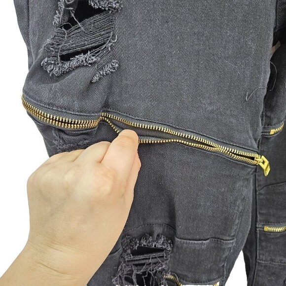 Copper Rivet Distressed Zipper Jeans Black Men’s Size 44x31 Punk Goth Moto Edgy - Picture 3 of 12